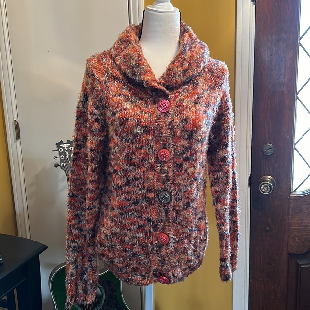 Colour Works-Coral Marled knit button-up shawl collar cardigan 26”L -size M -NWT